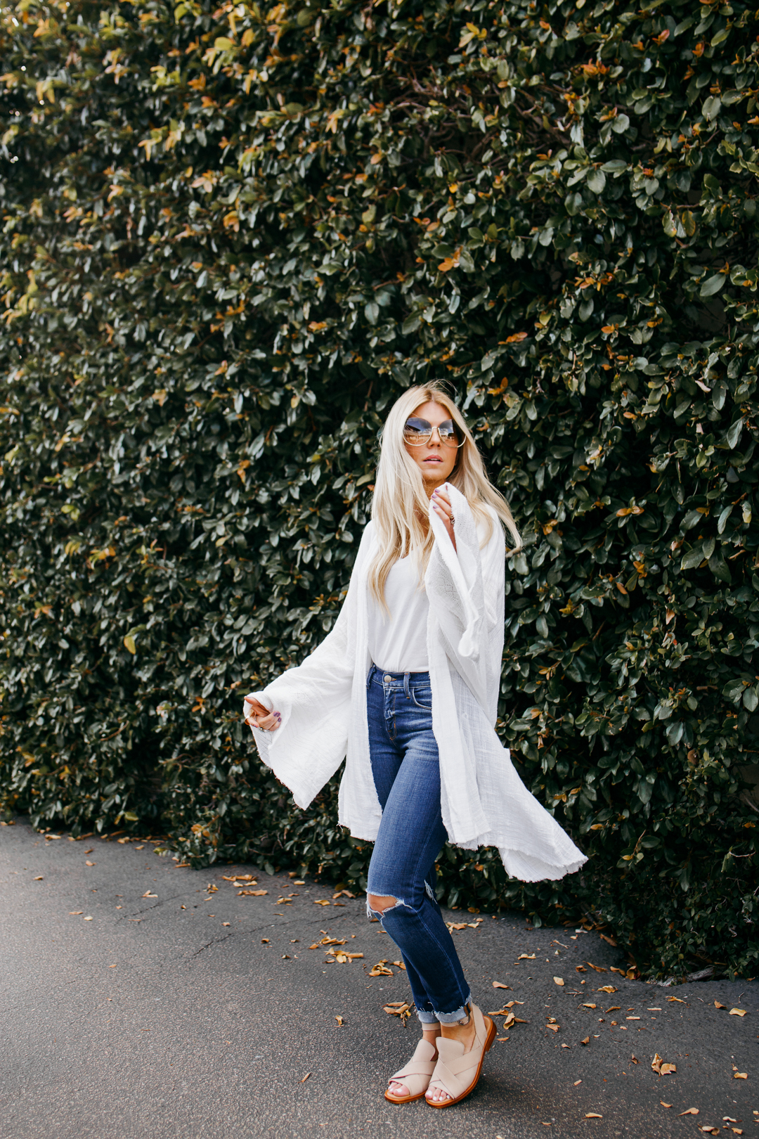 for Weekly Update + New Arrivals, lisa allen wearing a white free people kimono, l'agence jeans and free people sandals for Weekly Update + New Arrivals, lisa allen wearing a white free people kimono, l'agence jeans and free people sandals