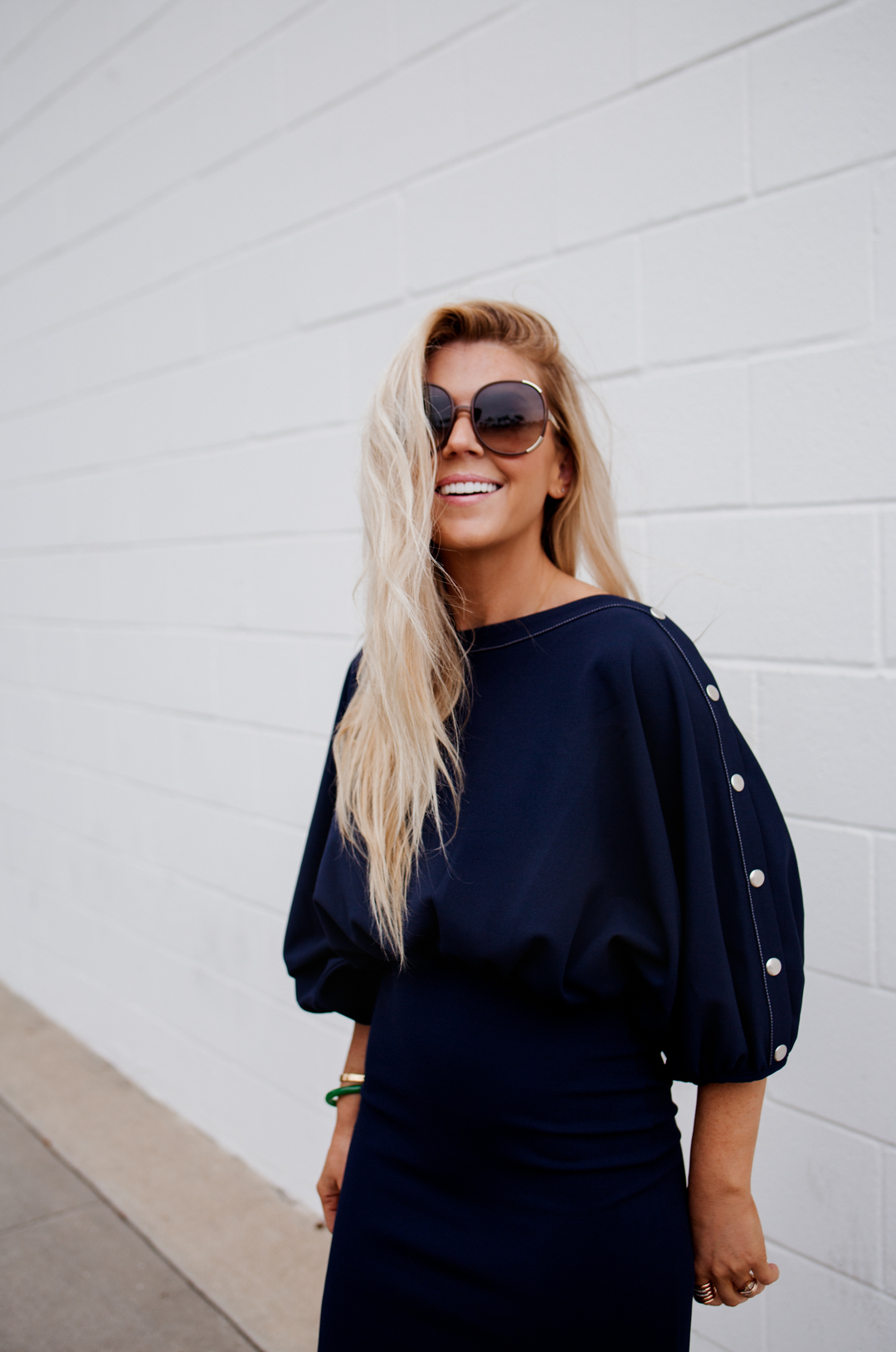 lisa allen of salty lashes wearing a navy asos dress with stuart weitzman nudist heels and chloe sunglasses - Summer Dresses Under $100