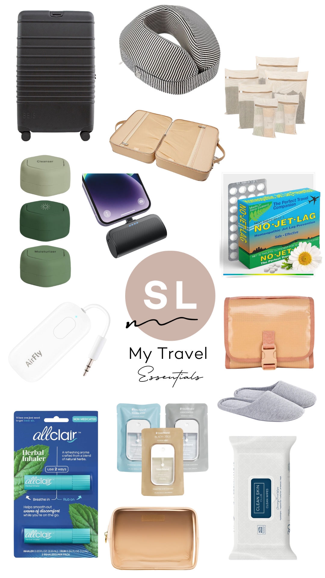 Salty Lashes Blogger Lisa Allen shares a collage of her Travel Essentials