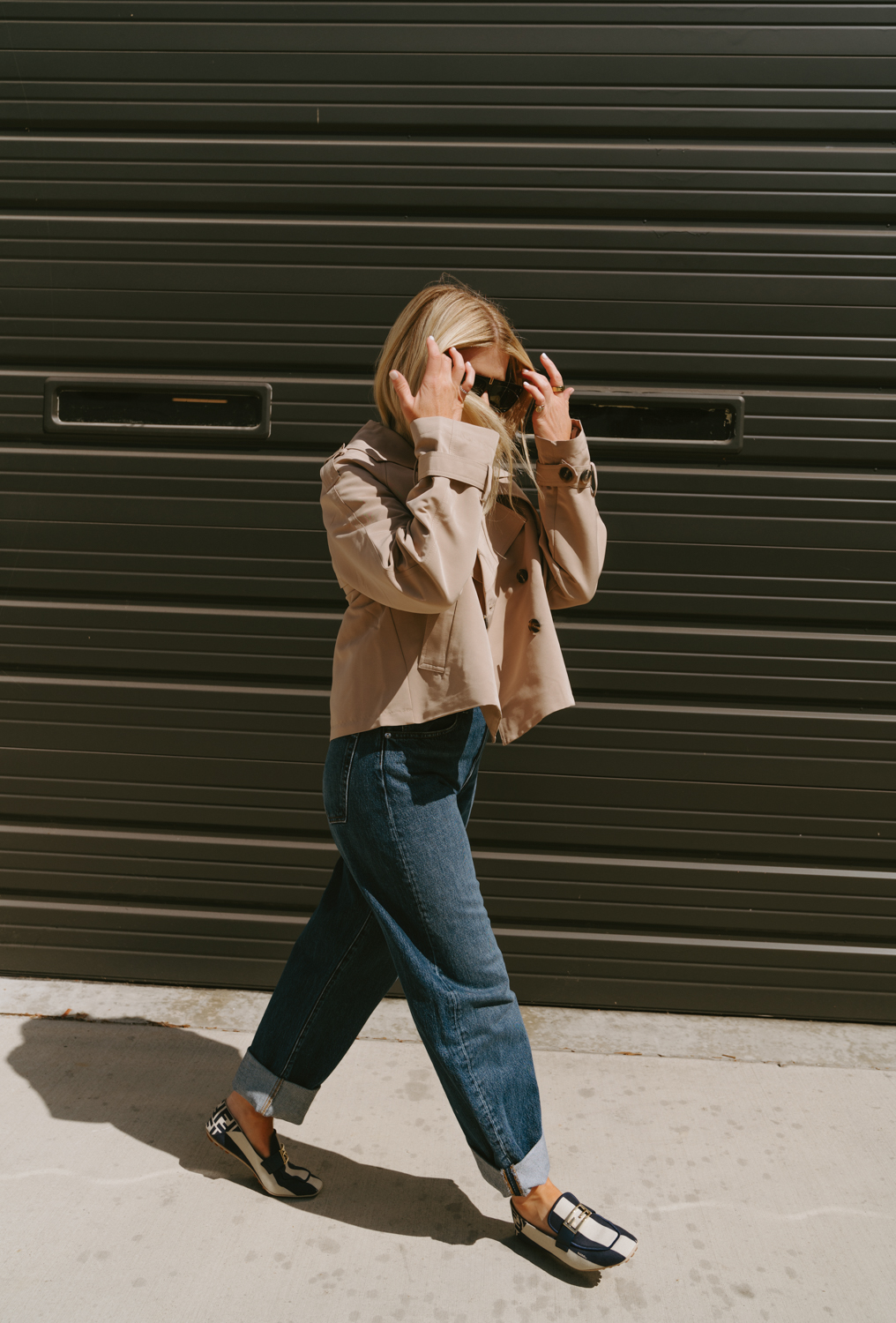 Salty Lashes Blogger Lisa Allen shares Fall Closet Refresh With Nordstrom - in photo: Lisa wearing coat, white shirt, jeans and loafers