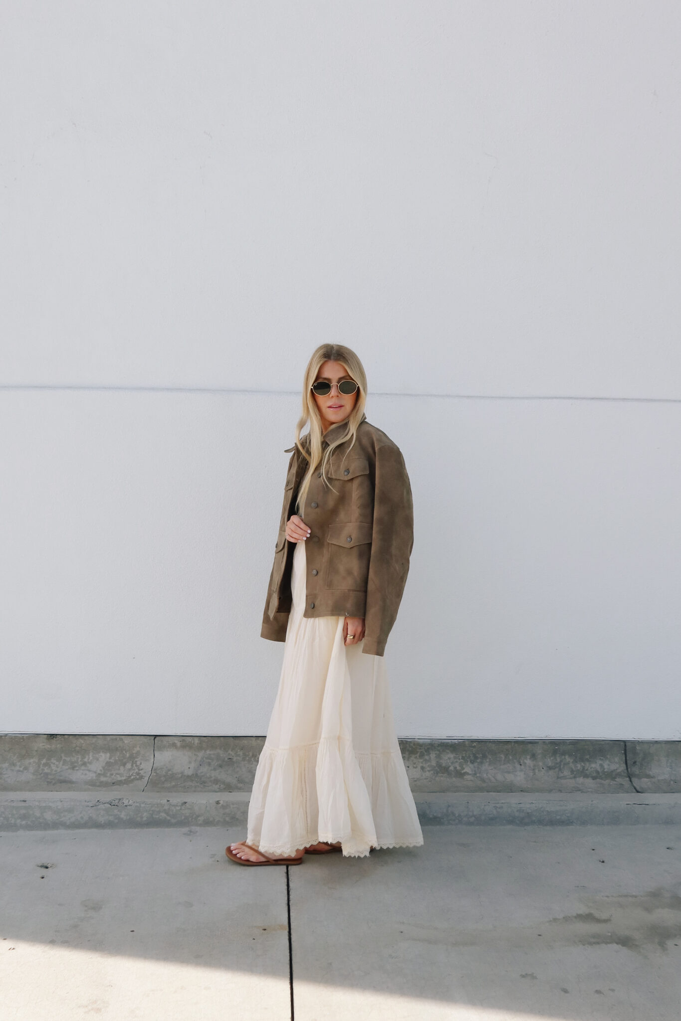 Preparing for spring with Nordstrom by Salty Lashes Blogger Lisa Allen - in photo: Lisa wearing a dress and brown jacket